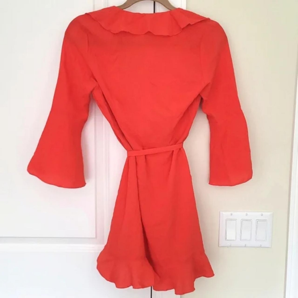 NWT ASOS Outrageous Fortune Neon Red/Orange Ruffle Wrap Dress Women's Size 4 - Picture 6 of 8